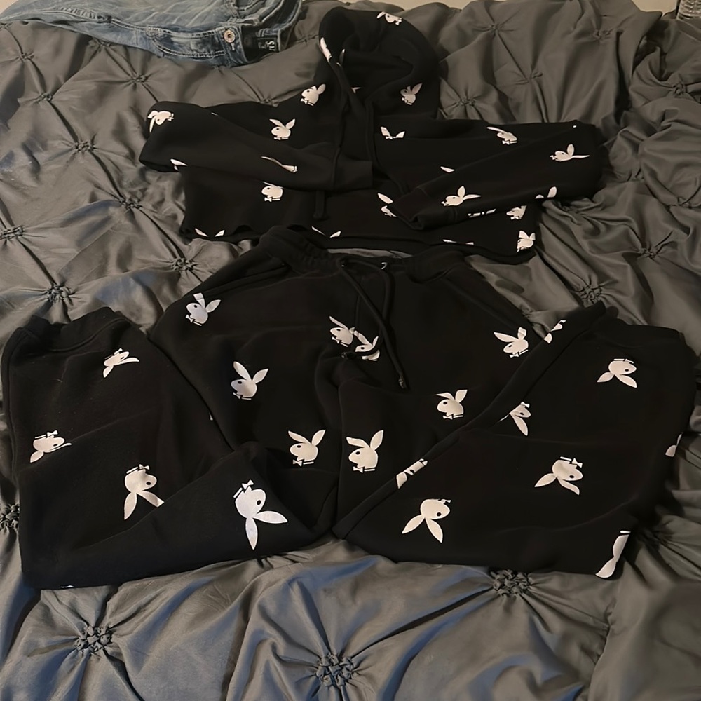 Two piece black and white, playboy, bunny set
